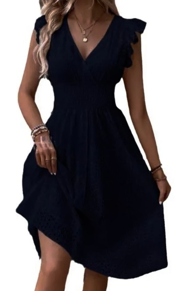 SOLOBUY Women's Summer Cotton Dress, Black, V-Neck, Short Flutter Sleeves, Kn...