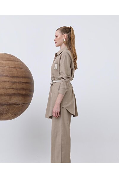Modamorfo Women's Linen Suit with Belt Detail and Trousers - 14313Tks