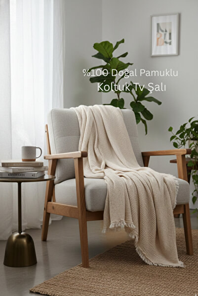 OTEKS HOME COLLECTİON Ecru Muslin Sofa Shawl / Tv Blanket (100 X 200 cm)