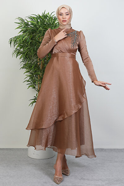 Lamia Giyim Taşlı Organze Abiye Karamel