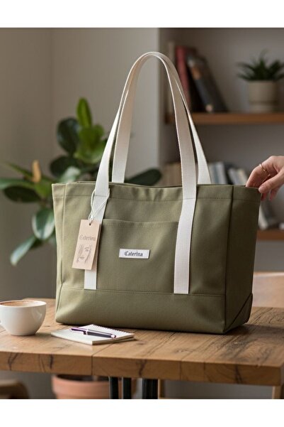 Caterina Collection Kanvas Fermuarlı Medium Khaki El Ve Omuz Çantası