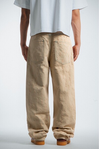 GRJ denim Beige Ripped Baggy Fit Men's Jeans