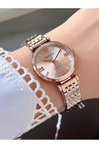 Ferrucci Kadın Gümüş Rose Gold Detaylı Elegan Tasarım Şık Kol Saati - Kesme Kenar Cam