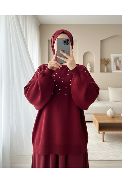 Modamorfo Pearl fisherman collar balloon sleeve knit - burgundy