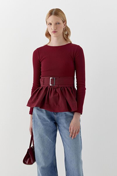 MARKALİSTE Long Sleeve Ribbed Knit Blouse Burgundy