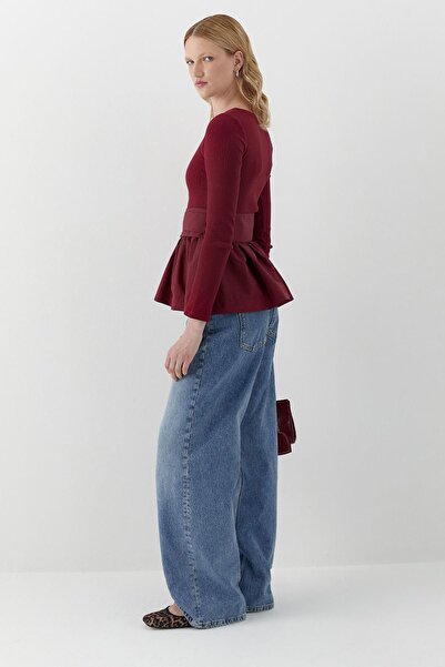 MARKALİSTE Long Sleeve Ribbed Knit Blouse Burgundy