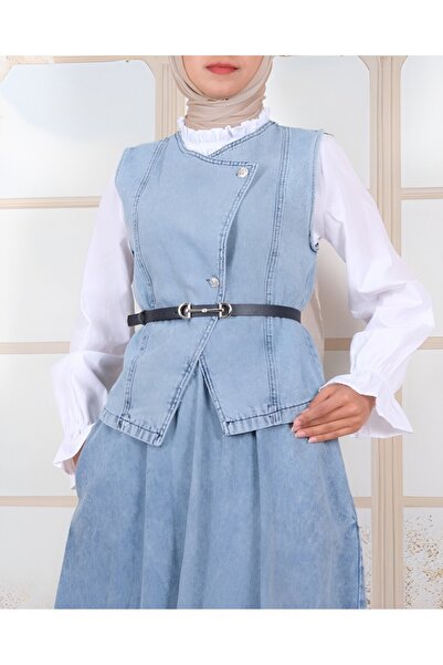 Modamorfo Buttoned Vest Belted Skirt Jeans Suit - Ice Blue