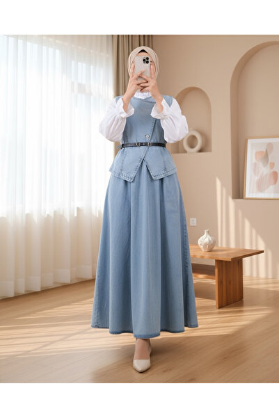 Modamorfo Buttoned Vest Belted Skirt Jeans Suit - Ice Blue