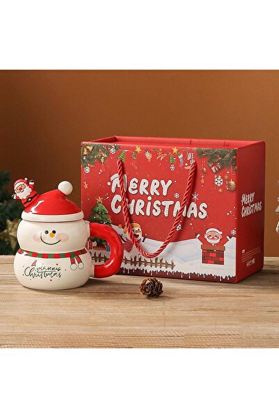 Timebox Cană ceramică de Crăciun 400ml cu capac și lingură, design om de zăpadă, cadou ideal pentru temperaturi ridicate...