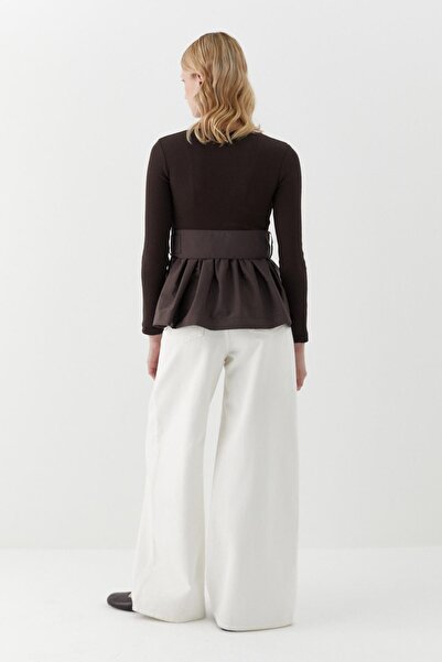 MARKALİSTE Long Sleeve Ribbed Knit Blouse Brown