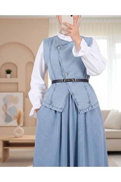 Modamorfo Buttoned Vest Belted Skirt Jeans Suit - Ice Blue