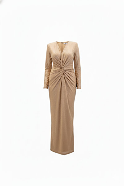 CAREZZA Starlight - Draped Stones Stretch Fabric Gold Beige Evening Dress