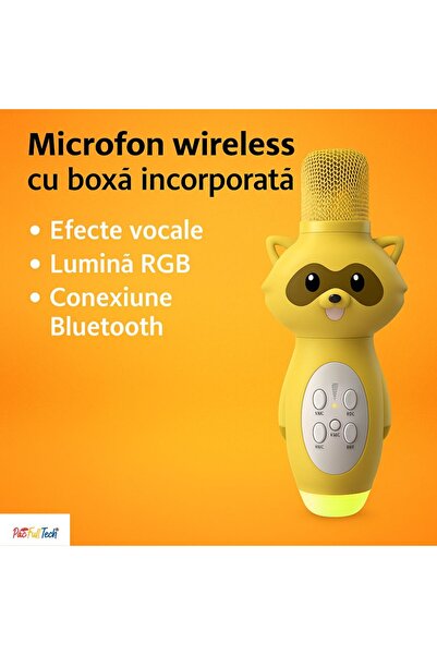 PacFullTech Karaoke microphone for children, Wireless, RGB lights, yellow, built-in speaker,