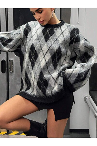 Puella Women's Crew Neck Diamond Patterned Oversize Sweater