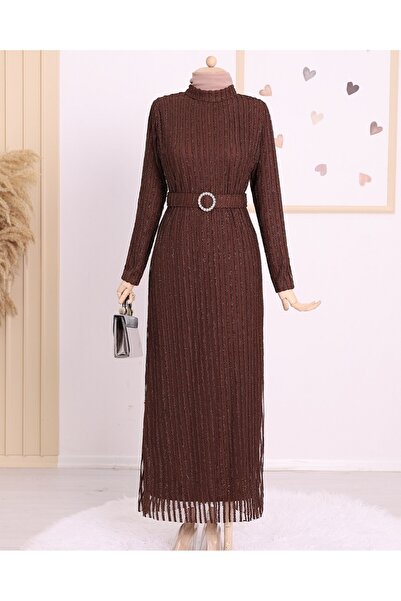 Modamorfo Stoned Belt Glitter Pruhované tylové šaty -hnědé