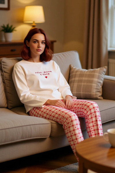 PayBuy Γυναικεία βαμβακερή μακρυμάνικη πιτζάμες με καρό καρδιά Άνετο σχέδιο Κ...