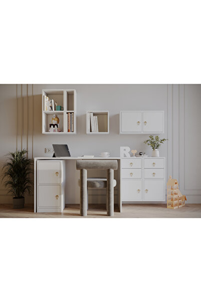 Nettrends Minimalist Çalışma Masası 6 Kapak 4 Çekmece Beyaz KBR-CMS-1025