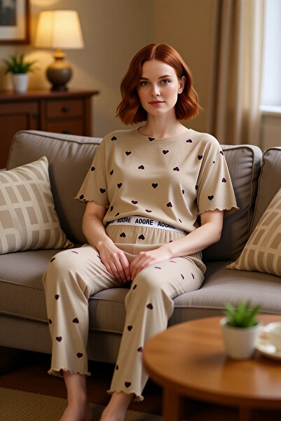 PayBuy Set de pijamale cu mâneci scurte cu model de inimă pentru femei, țesăt...