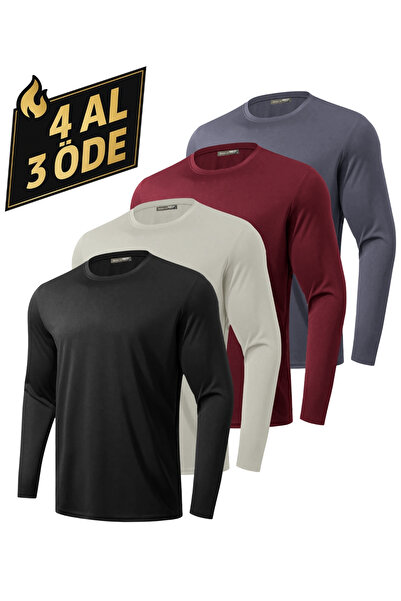 GHASSY CO. Pack of 4 Men's 100% Cotton Stretch Fabric Sports Running Daily Training Long Sleeve Combed Cotton T-Shirts