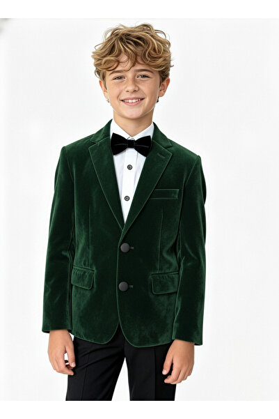 SIRRI Boy's Velvet Green Single Blazer Jacket