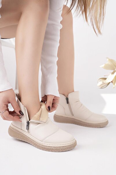 Mammamia D25Kb 1005 Bone Genuine Leather Double Zipper Women's Boots