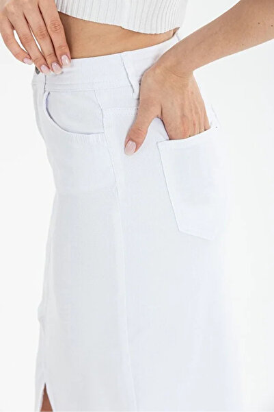 Lexsina Λευκή γυναικεία τζιν φούστα μεσαίου μήκους άνοιγμα