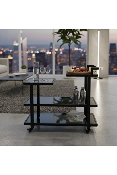 DEC24 New style cart, black glass, 100 cm