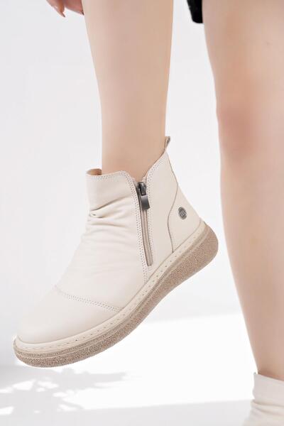 Mammamia D25Kb 1005 Bone Genuine Leather Double Zipper Women's Boots