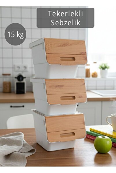 Jet's Home 3’lü Tekerlekli Sebzelik Patates Soğan Sepeti Soğanlık Organizer Kutu Bambu Beyaz Desen 36 Lt