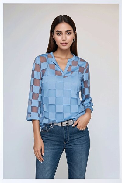 MAMAYAGA Γυναικεία μπλούζα με τετράγωνο σχέδιο σιφόν με τρία τέταρτα μανίκια με φόδρα Κομψή καμπύλη μπλούζα σε μέγεθος