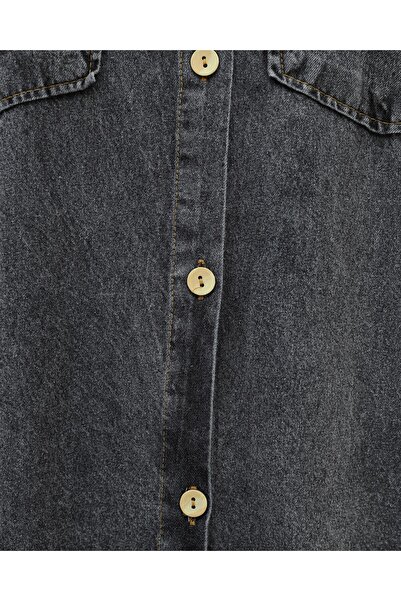 Modamorfo Buttoned Long Sleeve Denim Dress with Elasticated Pockets - Smoked