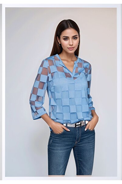 MAMAYAGA Γυναικεία μπλούζα με τετράγωνο σχέδιο σιφόν με τρία τέταρτα μανίκια με φόδρα Κομψή καμπύλη μπλούζα σε μέγεθος