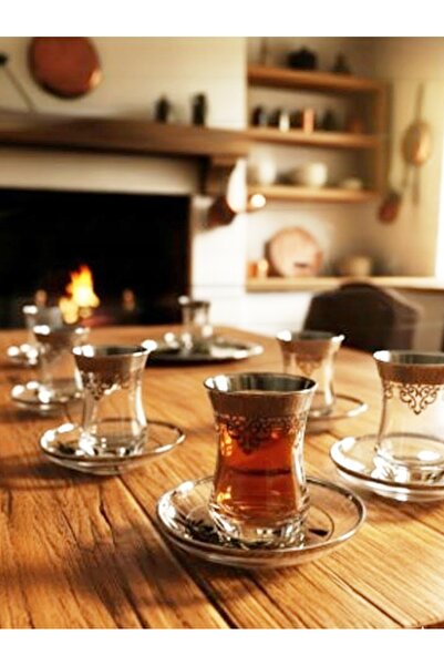 Paşabahçe Decostyle Gümüş Desenli 12 Parça 6 Kişilik Çay Seti - Kalın Taban Şık Sunum Takımı