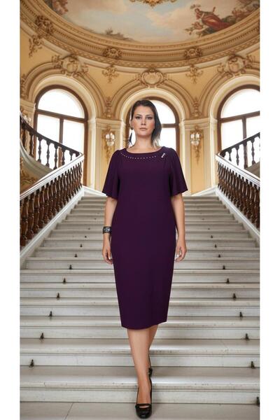 Nidya Moda Kadın Mürdüm Büyük Beden Taşlı Çiçek Aksesuar Abiye Elbise  4026m