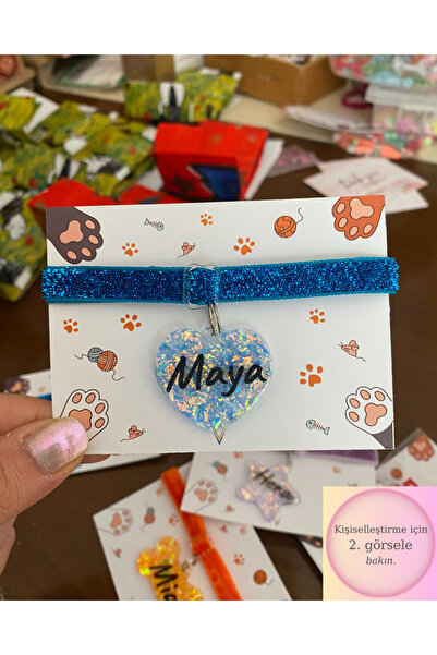 VenüsTakı "kalp" Şeklinde mavi Tasma Zilli Blue glitter -Isimli Kedi Tasması/...