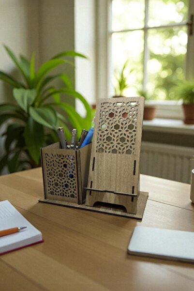 BenomTech حامل أقلام وحامل هاتف – نمط هندسي – بني الجوز (خشب داكن)
