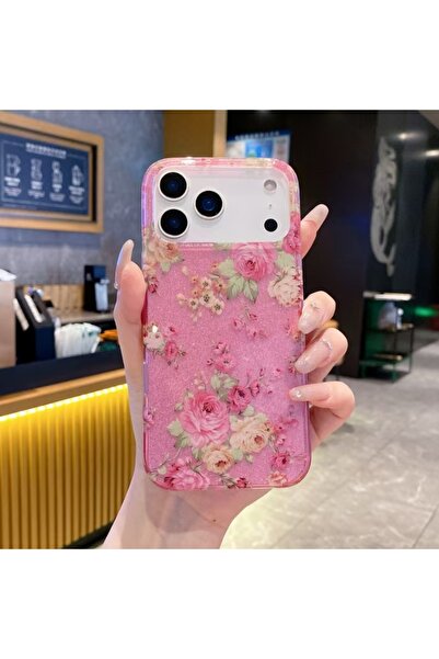 HYPERSOFT Iphone 15 (6.1 inç) Uyumlu Simli Görünüm Flowers Desenli Şık Kılıf