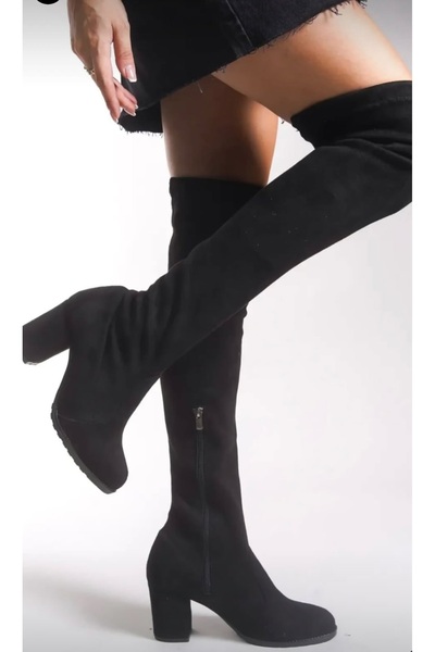Afilli Γυναικείες μαύρες σουέτ μπότες πάνω από το γόνατο με χοντρό κοντό τακούνι Παπούτσια Κάλτσες Μπότες