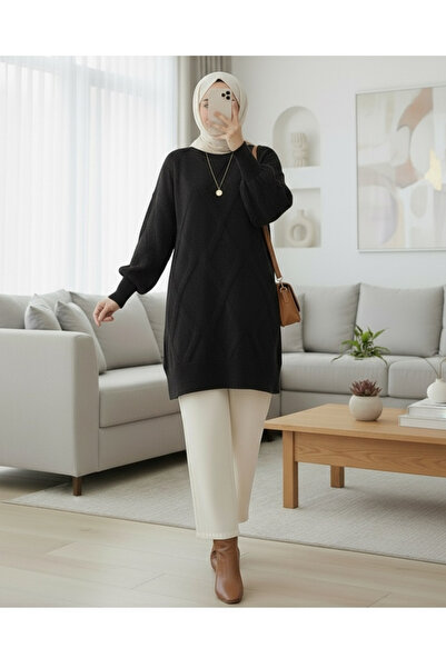 Modamorfo Μαλακό πλεκτό τουνίκ με σχέδιο μπακλαβά -Μαύρο