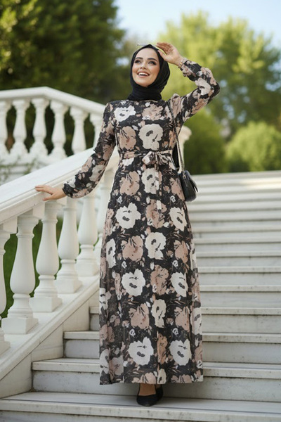 Neva Style Φόρεμα Μαύρο Χιτζάμπ με Μοτίβο Λουλούδια 27939S