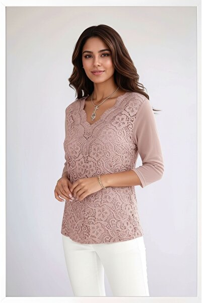 MAMAYAGA Γυναικεία Curve Plus Size Μπροστινά Floral Δαντέλα Μανίκια Τούλι Αθλητική Κομψή μπλούζα