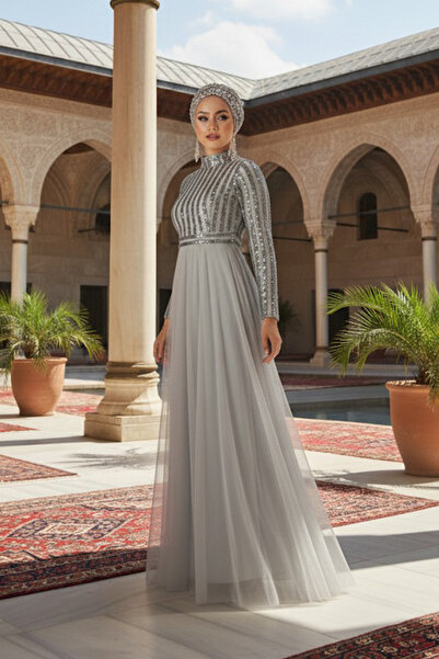 Neva Style Βραδινό φόρεμα με παγιέτες γκρι χιτζάμπ 5338GR