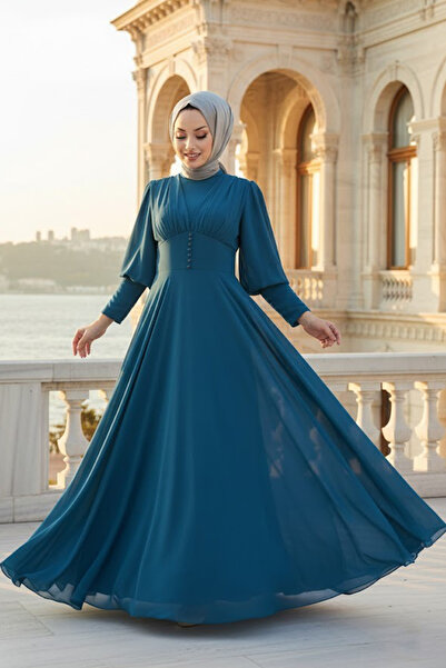 Neva Style Βραδινό φόρεμα Hijab με λεπτομέρεια με κουμπιά, μπλε βενζίνη 53810PM