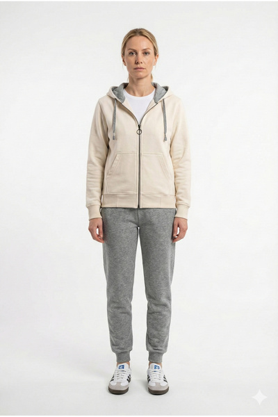 Cottonland Women's Olivia Regular Fit Three Thread Non-Fleece Hooded Cotton Sweat Coat Ecru