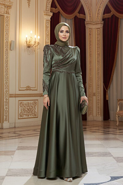 Neva Style Beaded Khaki Satin Hijab Evening Dress 2239Hk