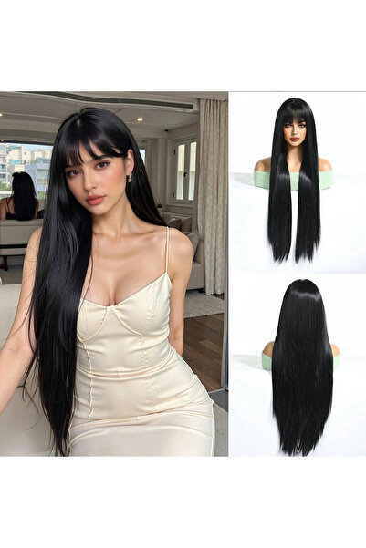 8 Kadına Dair Herşey Siyah Düz Kahküllü Uzun Fiber Sentetik Peruk