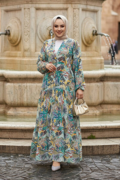 Neva Style Floral Patterned Yellow Hijab Dress 235805 Sr