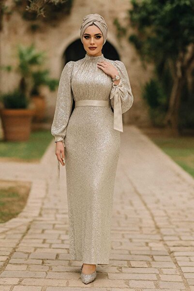 Neva Style Cream Hijab Evening Dress with Sequins 4667Kr