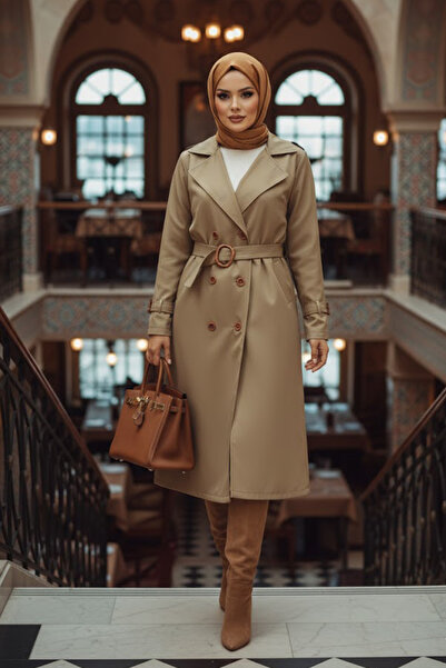 Neva Style Buckle Belted Mink Hijab Trench Coat 5942V