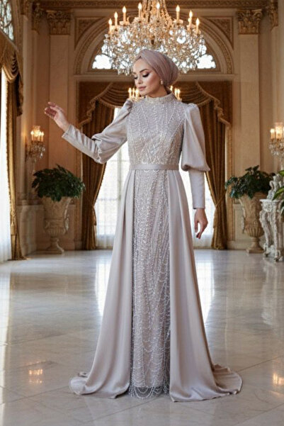 N.S NEVA STYLE - فستان سهرة إسلامي بيج مطرز بالخرز 50901BEJ